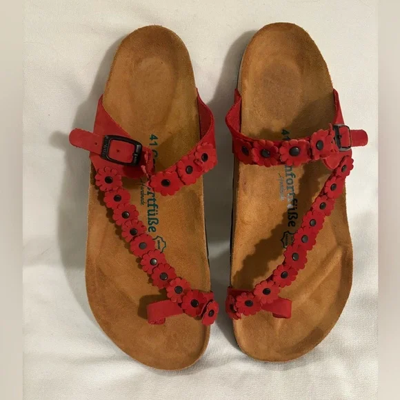 Comfortable Leather Red Flower Sandals 41 - Picture 2 of 9